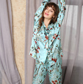 Women Flower Print Silk Pajamas Ladies Long Silk Pajamas